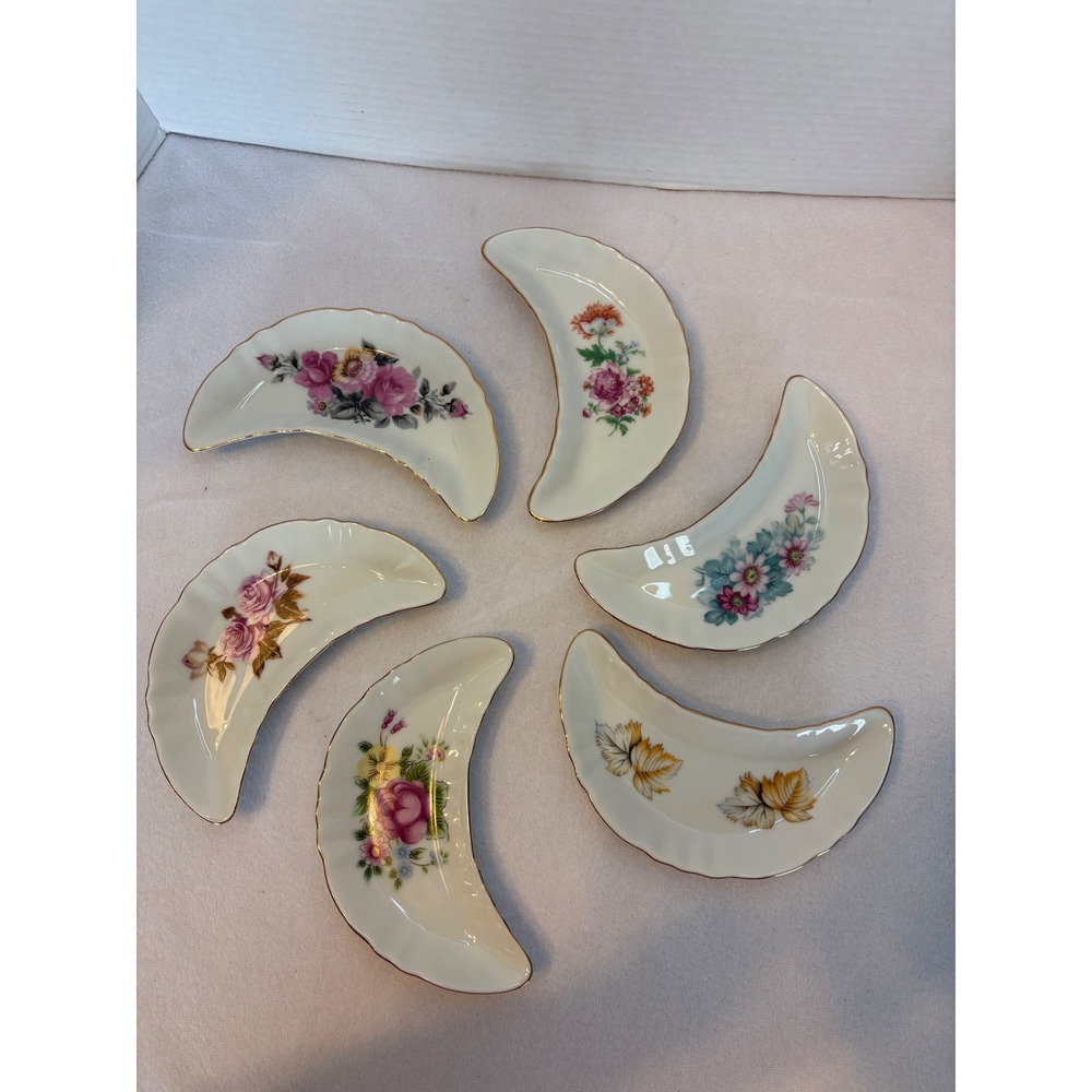 Vintage Floral Bone China Crescent Bone Dishes Gold Trim Set of 6 Mixed Florals